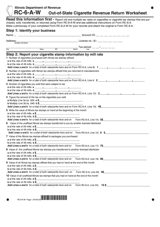 Rc-6-A-W - Out-Of-State Cigarette Revenue Return Worksheet 2007 Printable pdf