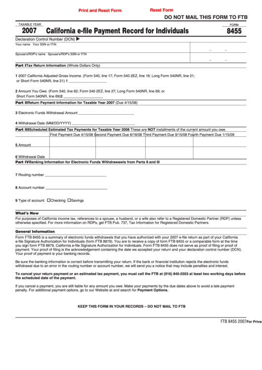 Fillable Form 8455 - California E-File Payment Record For Individuals - 2007 Printable pdf