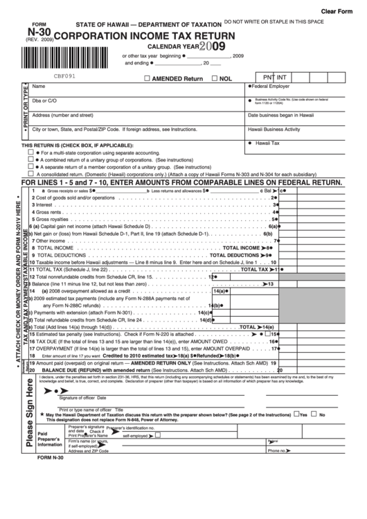 Fillable Form N-30 - Corporation Income Tax Return Form - 2009 Printable pdf