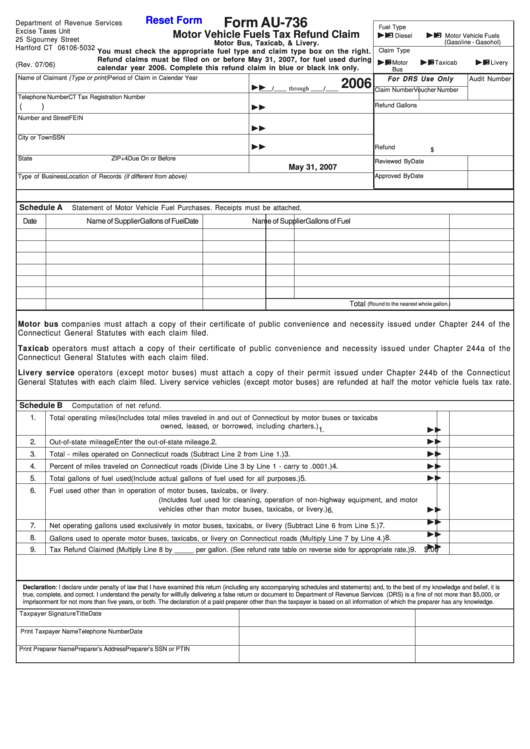 Fillable Form Au-736 - Motor Vehicle Fuels Tax Refund Claim - 2006 Printable pdf