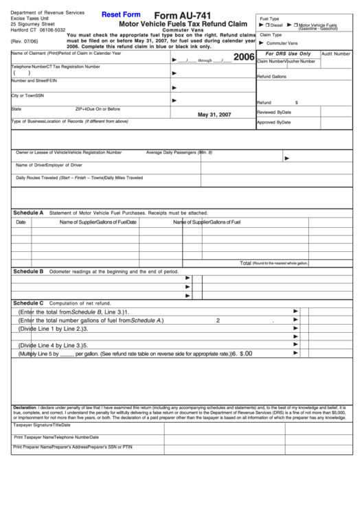 Fillable Form Au-741 - Motor Vehicle Fuels Tax Refund Claim - 2006 Printable pdf