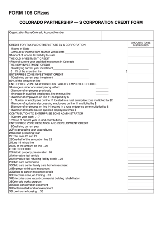 Fillable Form 106 Cr - Colorado Partnership - S Corporation Credit - 2005 Printable pdf
