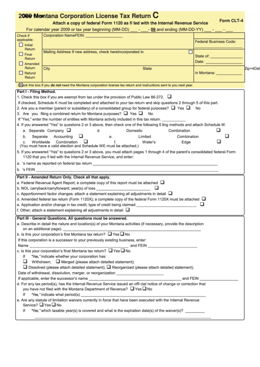Fillable Montana Form Clt-4 - Montana Corporation License Tax Return - 2009 Printable pdf