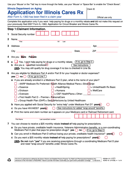 Fillable Form Adad-16 - Application For Illinois Cares Rx Printable pdf