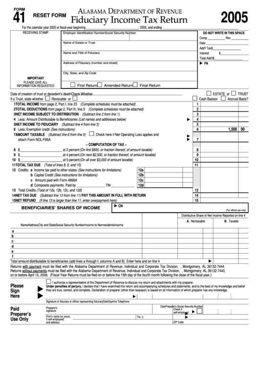 Fillable Form 41 - Fiduciary Income Tax Return - 2005 Printable pdf