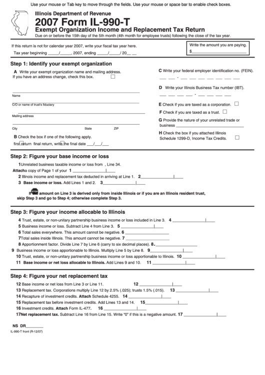 Fillable Form Il-990-T - Exempt Organization Income And Replacement Tax Return - 2007 Printable pdf