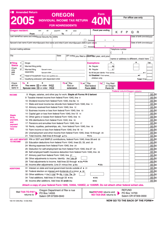 Fillable Form 40n - Individual Income Tax Return For Nonresidents - 2005 Printable pdf