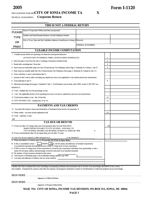 Fillable Form I-1120 - Income Tax Corporate Return - City Of Ionia - 2005 Printable pdf