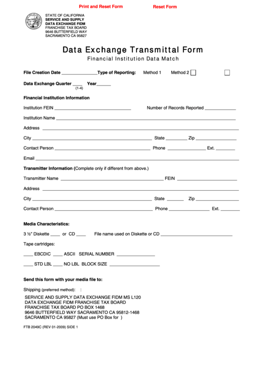 Fillable Form Ftb 2049c - Data Exchange Transmittal Form Printable pdf