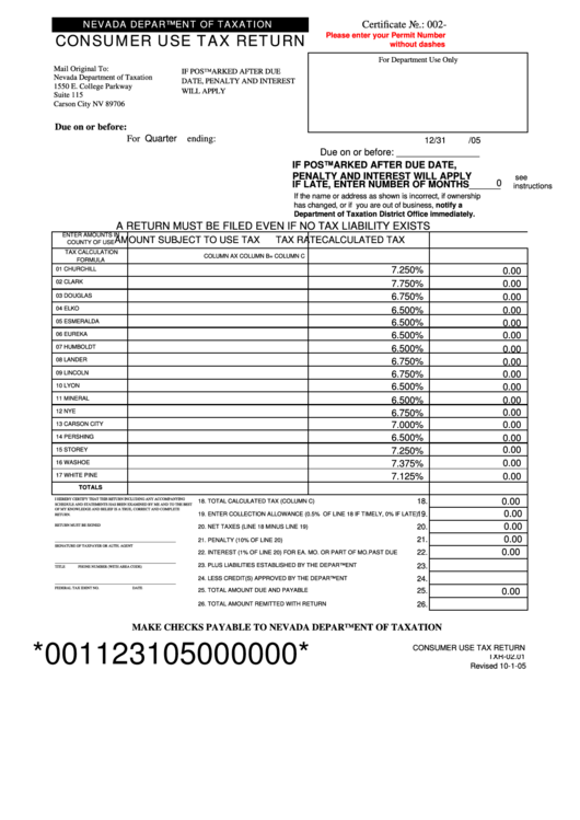 Fillable Form Txr-02.01 - Consumer Use Tax Return Form - Nevada Department Of Taxation Printable pdf