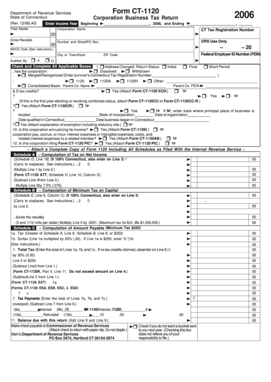 Form Ct-1120 - Corporation Business Tax Return Form - Connecticut - 2006 Printable pdf