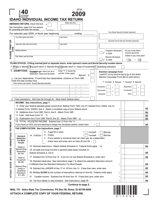 Fillable Form 40 - Idaho Individual Income Tax Return - 2009 printable ...