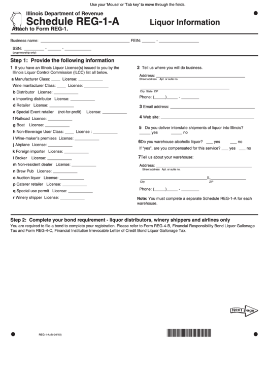 Fillable Schedule Reg-1-A - Liquor Information Form Printable pdf