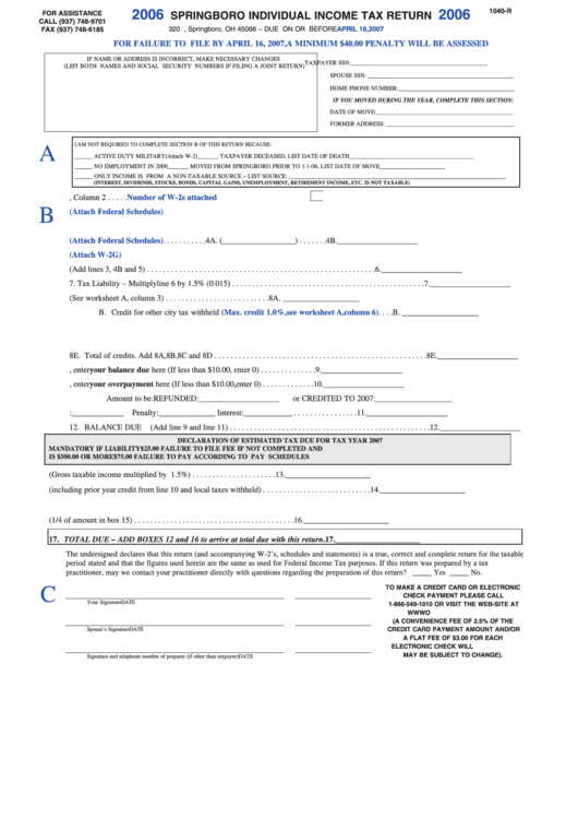 Form 1040-R - Springboro Individual Income Tax Return - 2006 Printable pdf