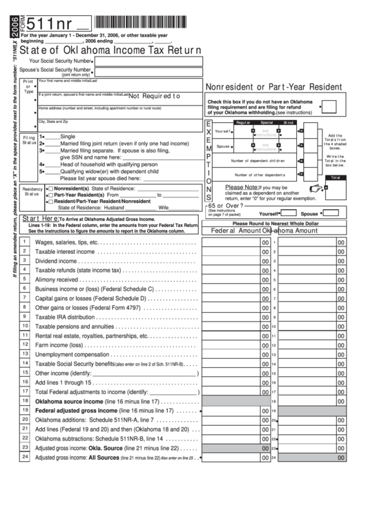 Form 511nr - State Of Oklahoma Income Tax Return - 2006 Printable pdf