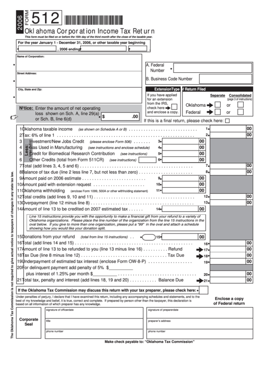 form-512-oklahoma-corporation-income-tax-return-2006-printable-pdf