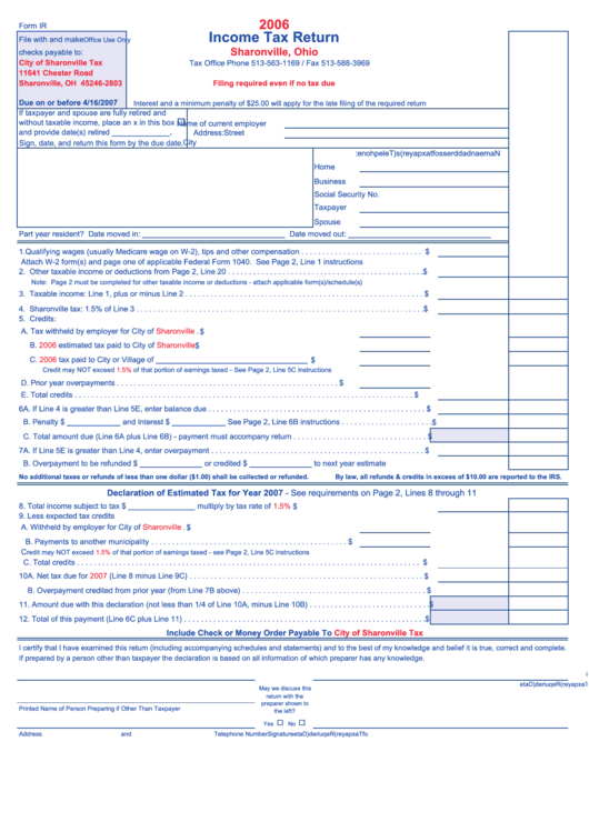 Form Ir - Income Tax Return Form - 2006 - Sharonville, Ohio Printable pdf