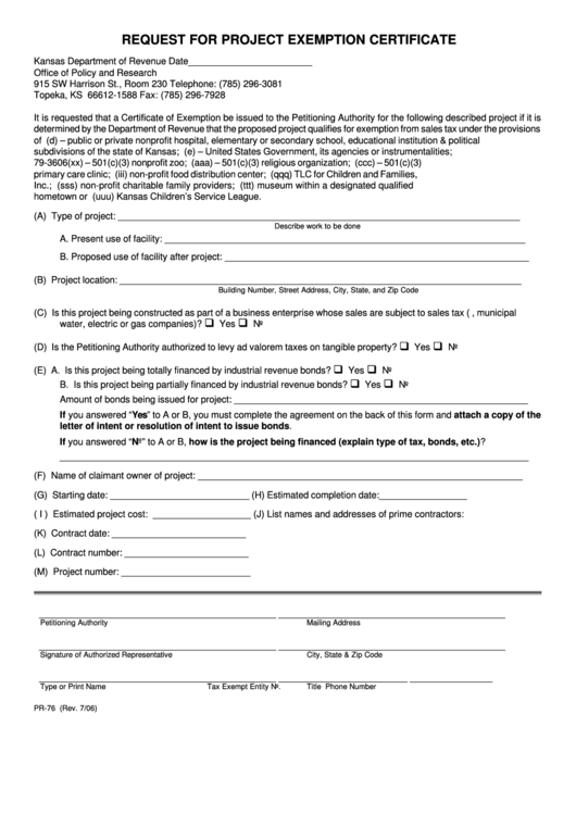 Fillable Form Pr-76 - Request For Project Exemption Certificate Printable pdf