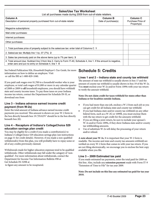 Form It-40 - Sales/use Tax Worksheet - 2009 Printable pdf