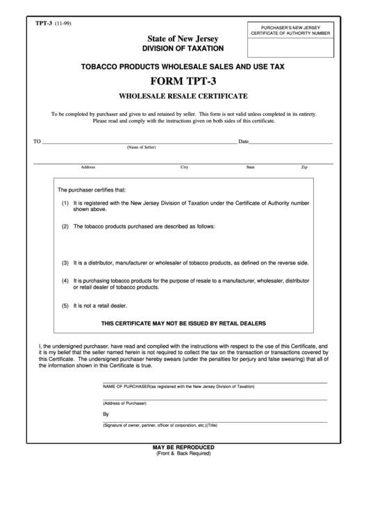 Fillable Form Tpt-3 - Tobacco Products Wholesale Sales And Use Tax Form - New Jersey Printable pdf