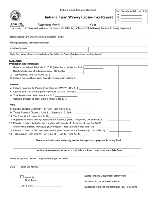 Fillable Form 725 - Indiana Farm Winery Excise Tax Report - 2009 Printable pdf