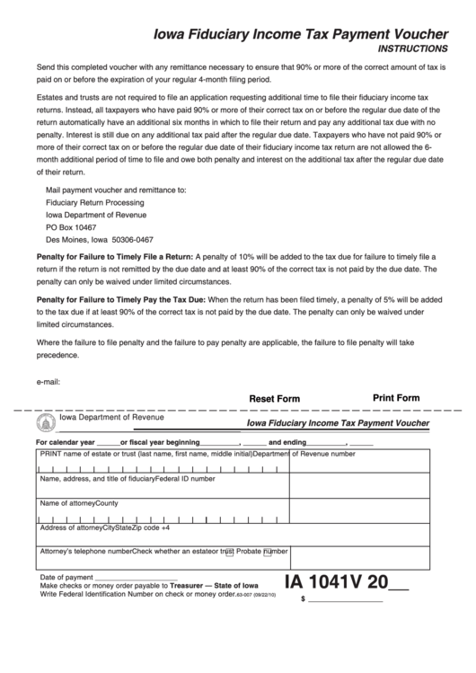 Fillable Form Ia 1041-V - Iowa Fiduciary Income Tax Payment Voucher Printable pdf