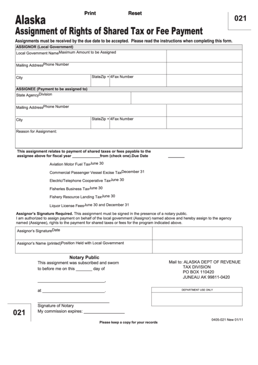 Fillable Form 0405-021 - Assignment Of Rights Of Shared Tax Or Fee Payment Printable pdf