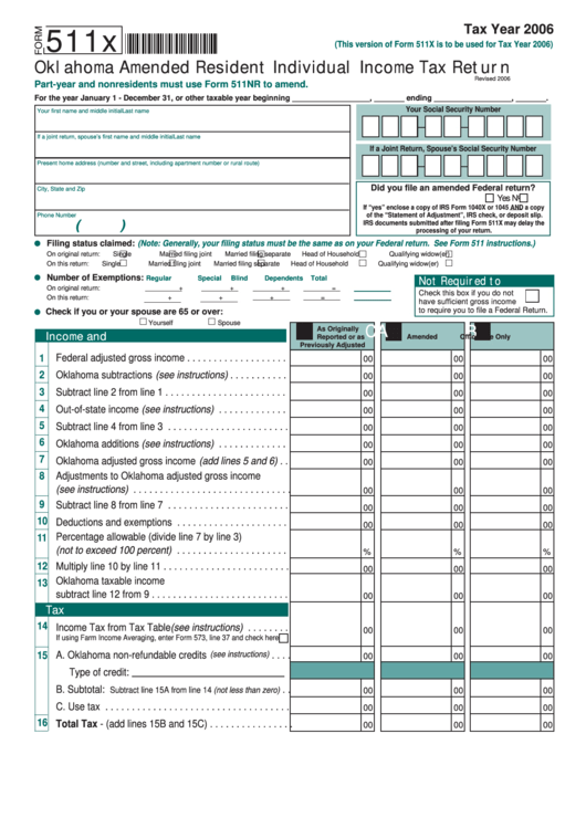 Fillable Form 511x - Oklahoma Amended Resident Individual Income Tax Return - 2006 Printable pdf