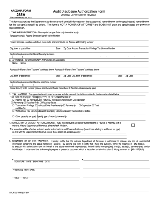 Form 285a - Audit Disclosure Authorization Form Printable pdf