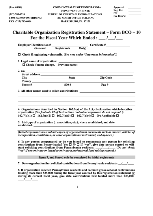 Form Bco 10 - Charitable Organization Registration Statement Printable pdf