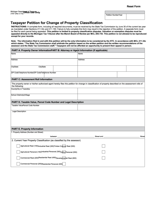 Fillable Taxpayer Petition For Change Of Property Classification Form Printable pdf