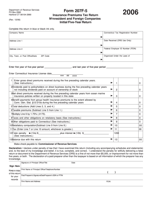 Form 207f-5 - Insurance Premiums Tax Return - Nonresident And Foreign Companies, Initial Five-Year Return - 2006 Printable pdf