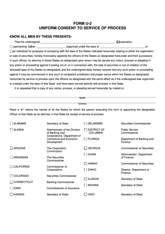 Fillable Form U-2 - Uniform Consent To Service Of Process/form U-2a - Uniform Corporate Resolution Printable pdf