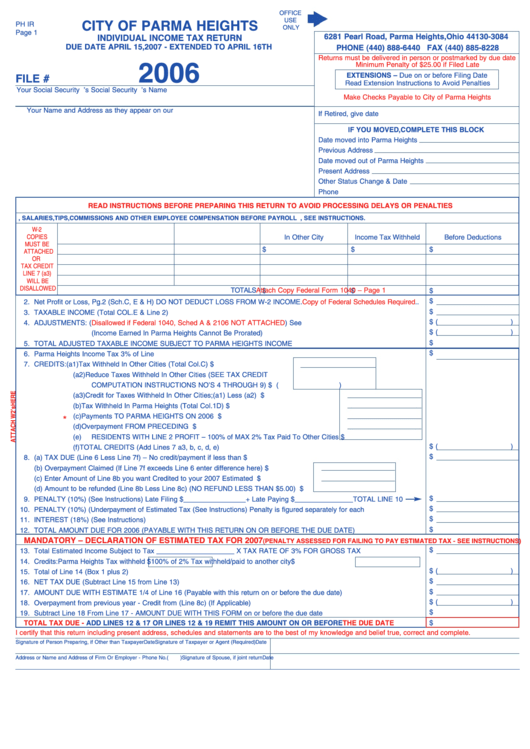 Individual Income Tax Return Form - City Of Parma Heights - 2006 Printable pdf
