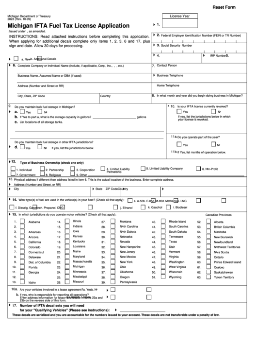 Fillable Form 2823 - Michigan Ifta Fuel Tax License Application Printable pdf