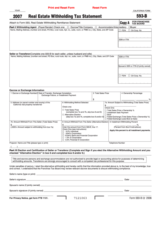 Fillable California Form 593-B - Real Estate Withholding Tax Statement - 2007 Printable pdf