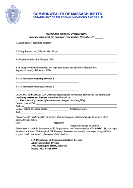 Independent Payphone Provider (Ipp) Revenue Statement For Calendar Year Form - Department Of Telecommunications And Cable Printable pdf