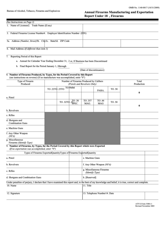 Fillable Atf E-Form 5300.11 - Annual Firearms Manufacturing And Exportation Report Printable pdf