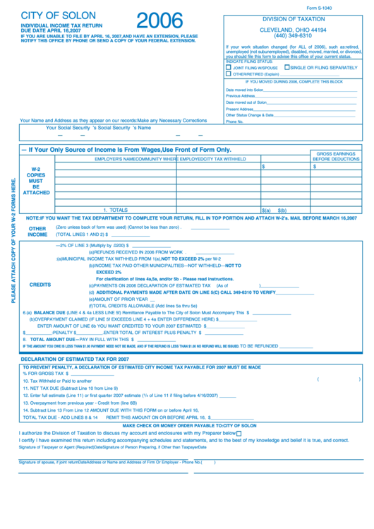 Form S-1040 - Individual Income Tax Return - 2006 Printable pdf