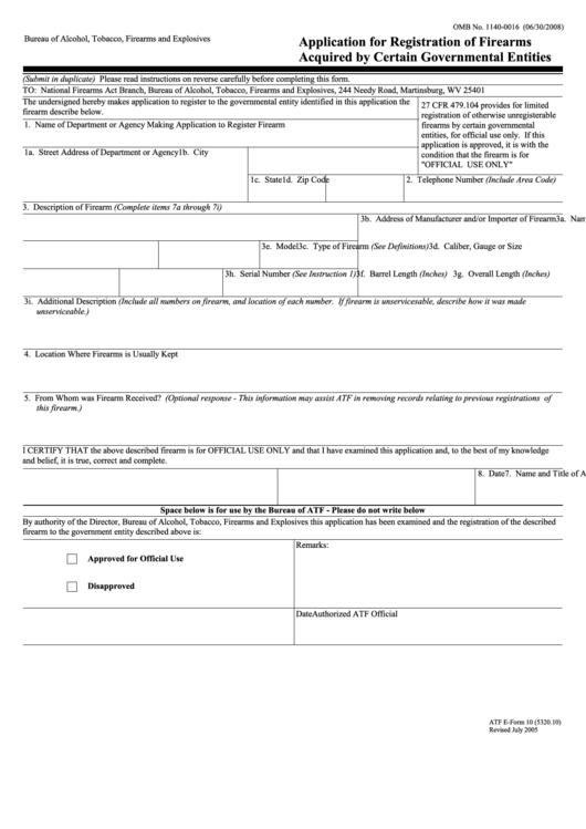 Form 10 With Instructions - Application For Registration Of Firearms Acquired By Certain Governmental Entities Printable pdf