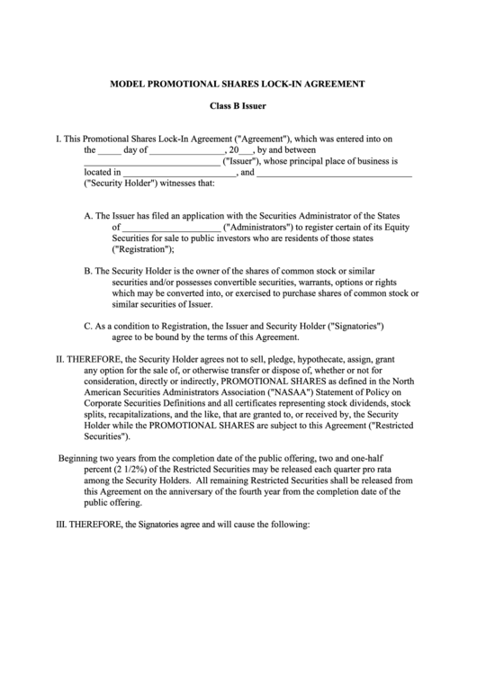 Model Promotional Shares Lock-In Agreement Form Printable pdf