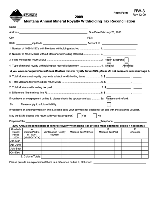 Fillable Form Rw-3 Form Montana Annual Mineral Royalty Withholding Tax Reconciliation Printable pdf