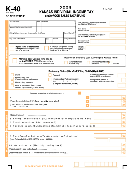 Fillable Form K-40 - Kansas Individual Income Tax And/or Food Sales Tax Refund - 2009 Printable pdf