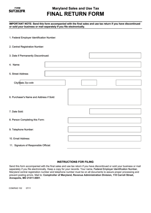 Fillable Form Sut202fr - Final Return Form - Maryland Sales And Use Tax Printable pdf