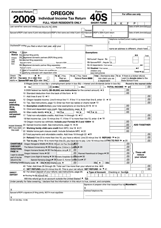 Fillable Form 40s - Oregon Individual Income Tax Return - 2009 Printable pdf