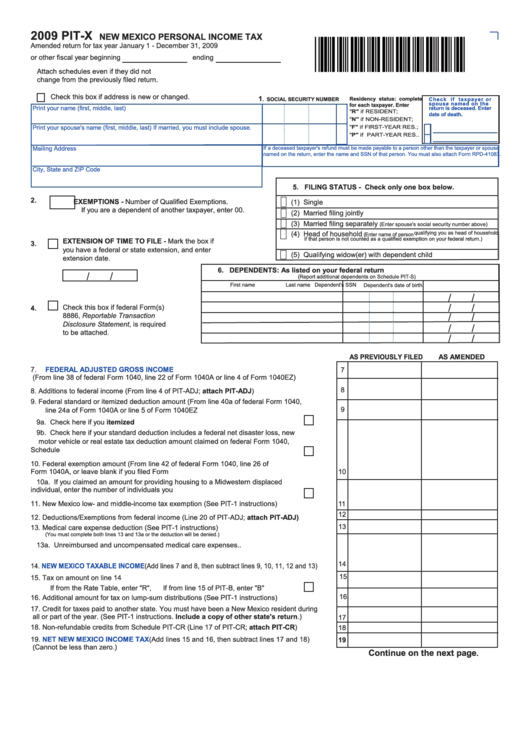 Form Pit-X - New Mexico Personal Income Tax - 2009 Printable pdf