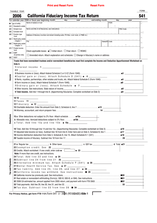 Fillable Form 541 - California Fiduciary Income Tax Return - 2006 Printable pdf