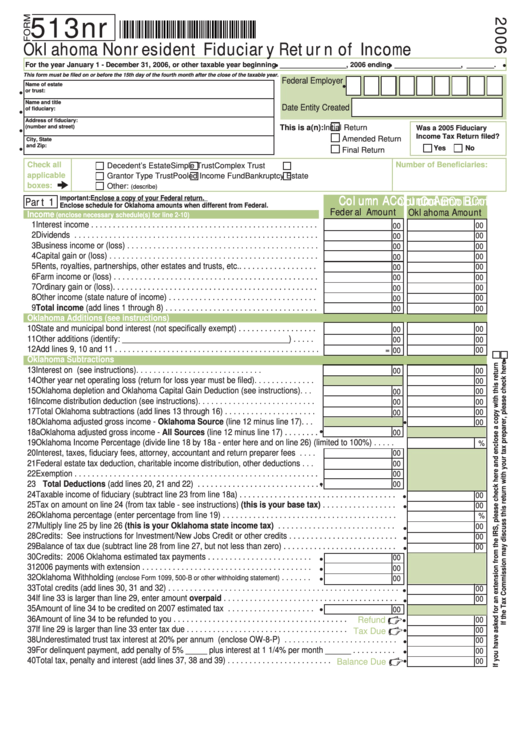 Fillable Form 513nr - Oklahoma Nonresident Fiduciary Return Of Income - 2006 Printable pdf