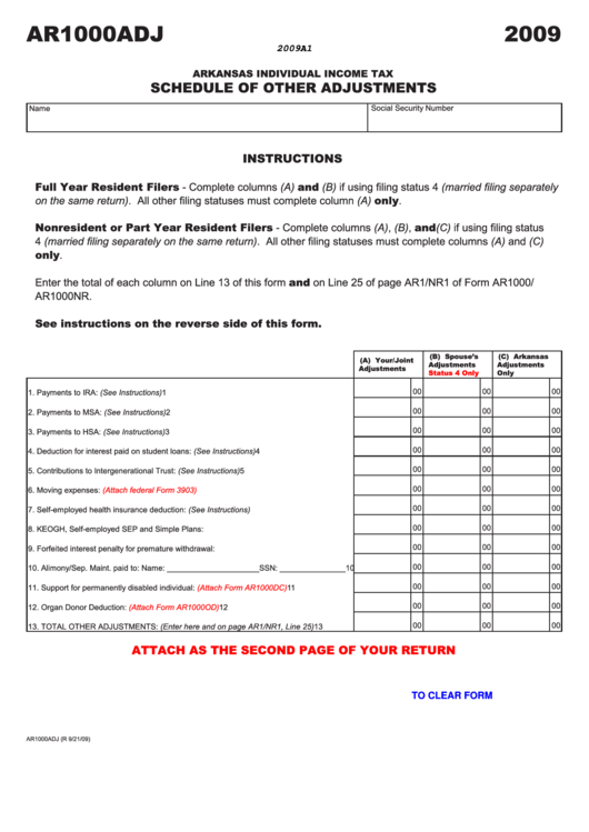 Fillable Form Ar1000adj - Arkansas Individual Income Tax Schedule Of Other Adjustments 2009 Printable pdf