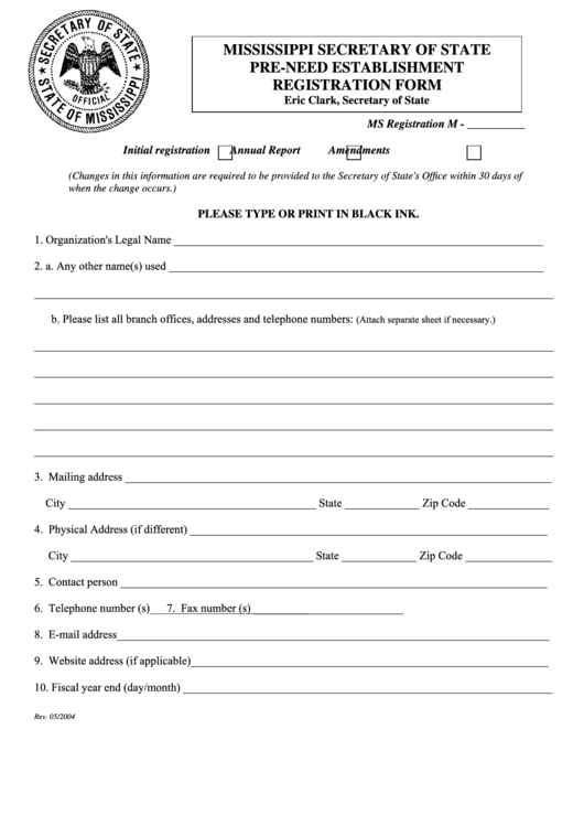 Pre-Need Establishment Registration Form - Mississippi Secretary Of State Printable pdf